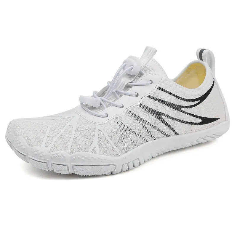 Men and women's low-top lace-up running shoes in various colours with breathable upper and rubber sole.
