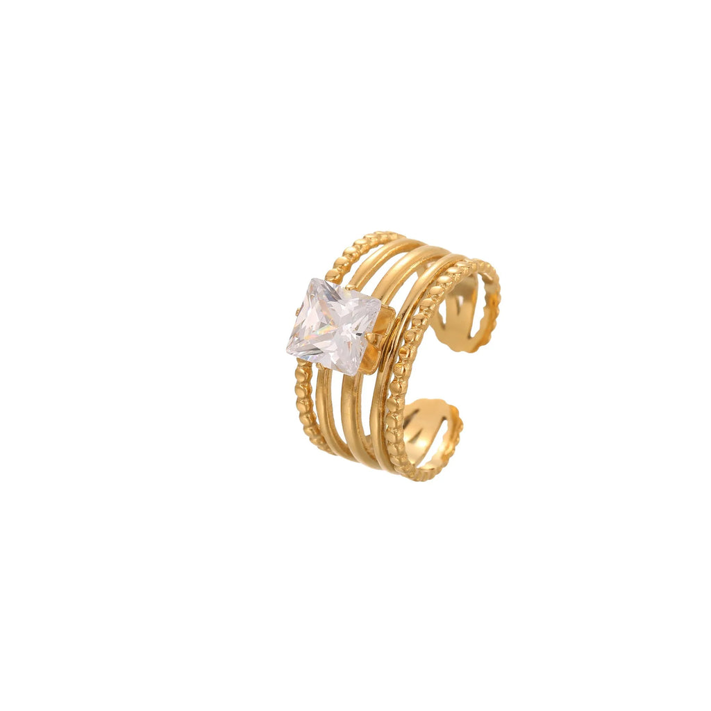 Open mouth stainless steel ring with gold plating and zircon geometric detailing