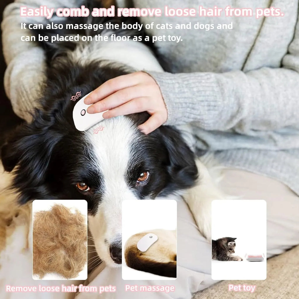 Pink handheld electric vibration brush for grooming and massaging cats and dogs.