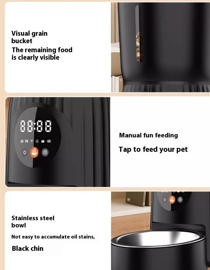 Black automatic pet feeder with digital display and food container showing portion control mechanism