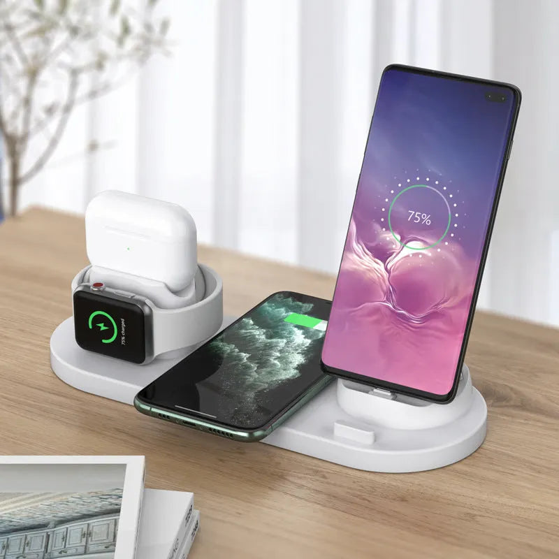 Black and white multifunctional wireless charging mobile phone holder with multiple device charging areas