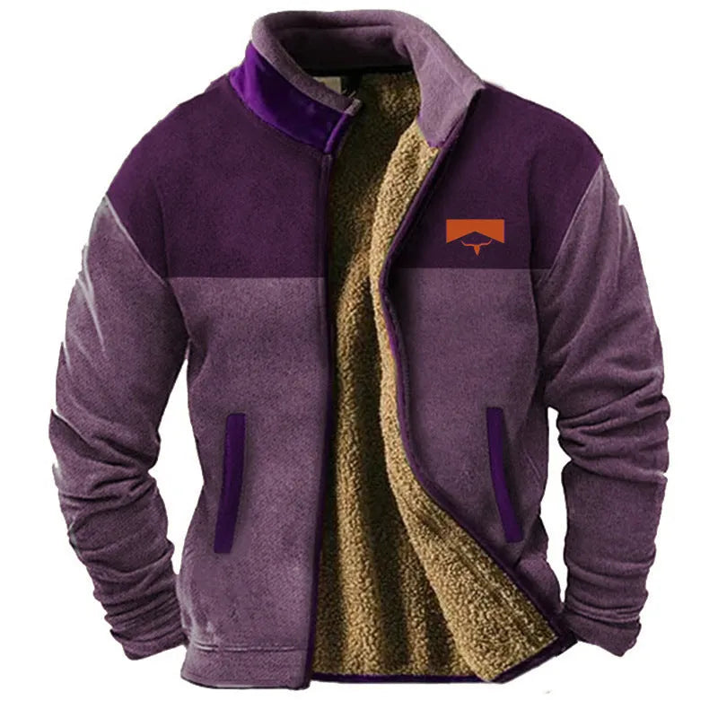 Men's blue polyester fleece padded coat with regular length design on hanger