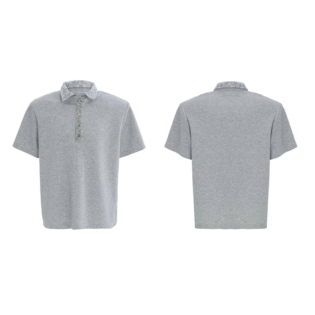 Men's black loose fit square collar short sleeve polo shirt