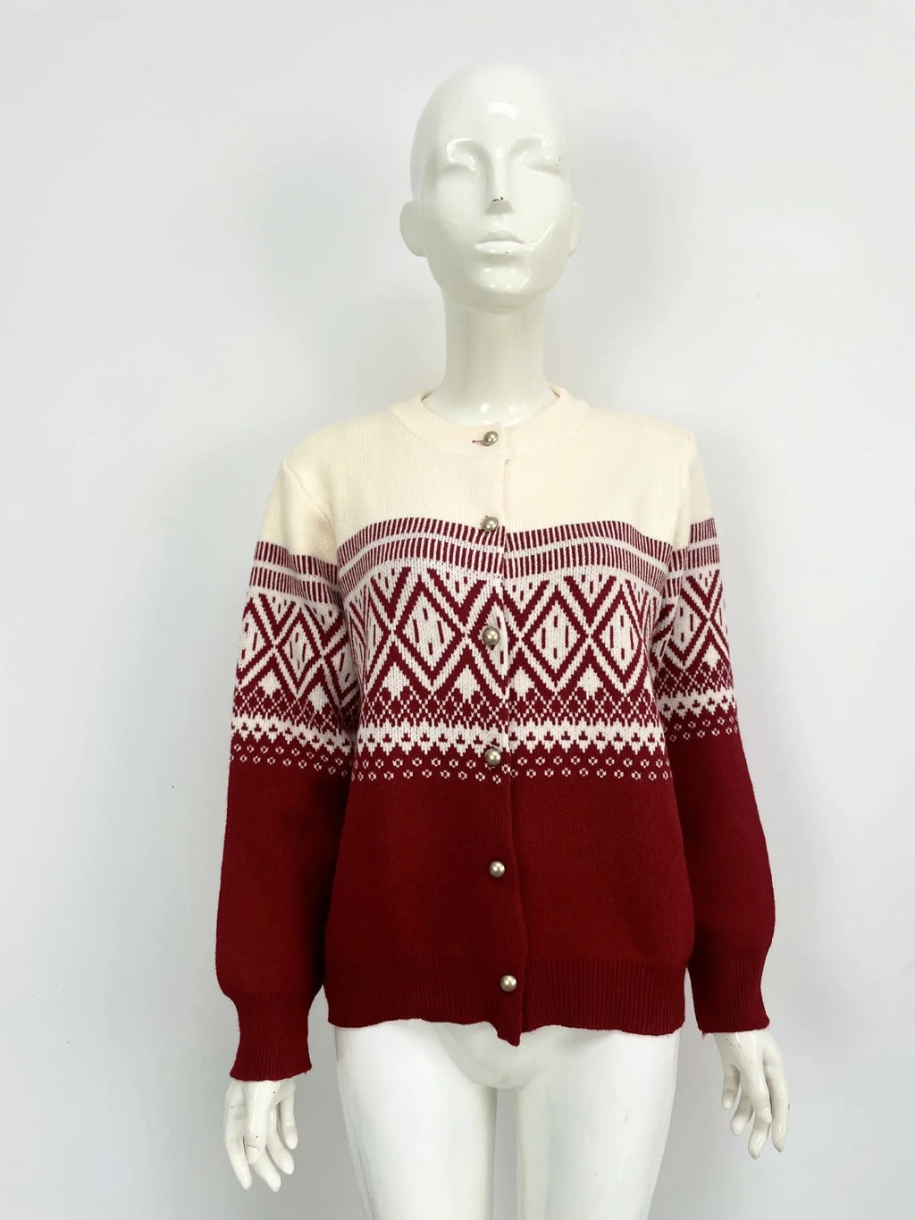 Women's alpaca wool cardigan with diamond knit pattern in contrast red, grey, or pink colours