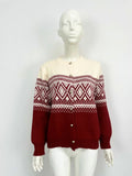 Women's alpaca wool cardigan with diamond knit pattern in contrast red, grey, or pink colours