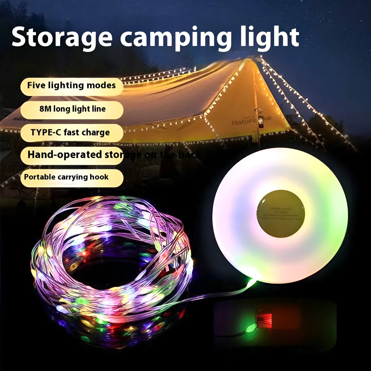 Rechargeable outdoor string lights with 30 LED beads in 8-metre length for camping and garden use