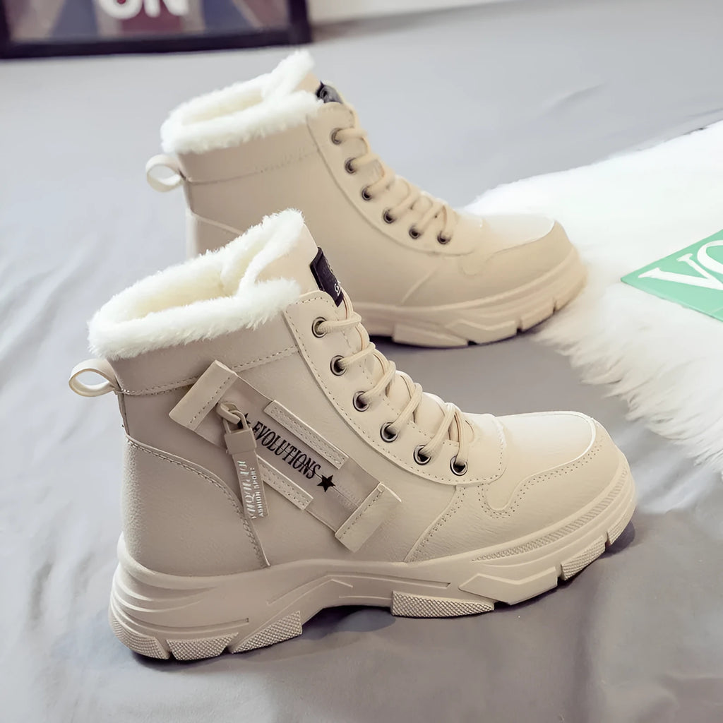 Women's plus size fleece-lined snow boots with tall upper crown and lace-up front
