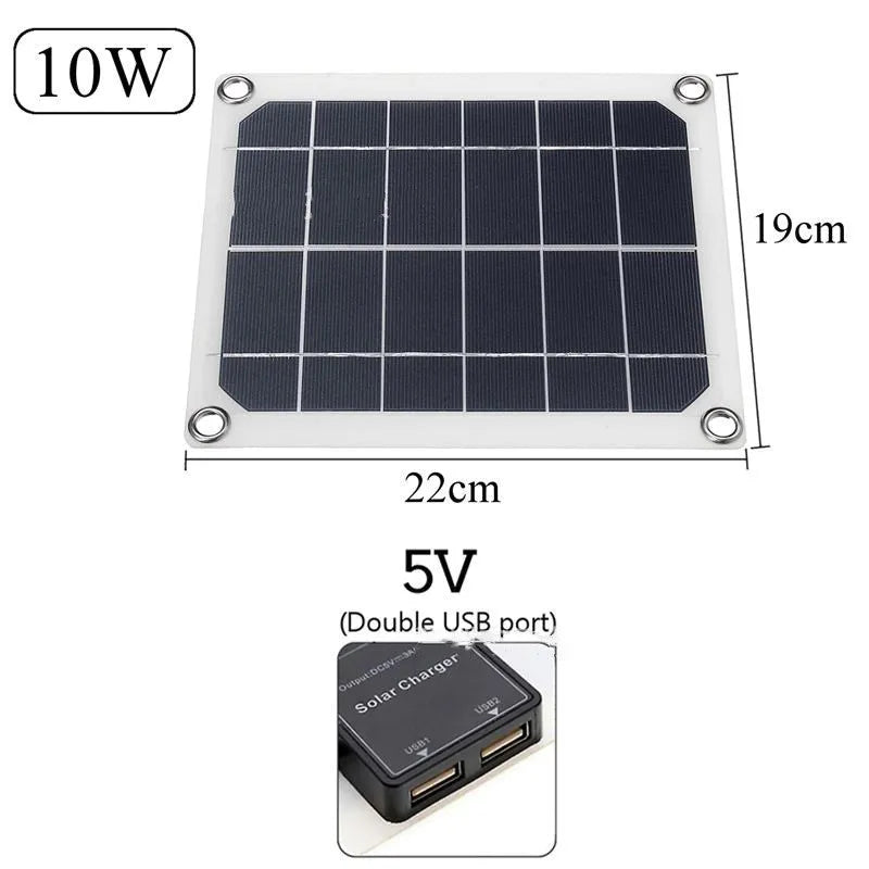 Polysilicon solar panel with dual USB ports for outdoor charging of phones and tablets.