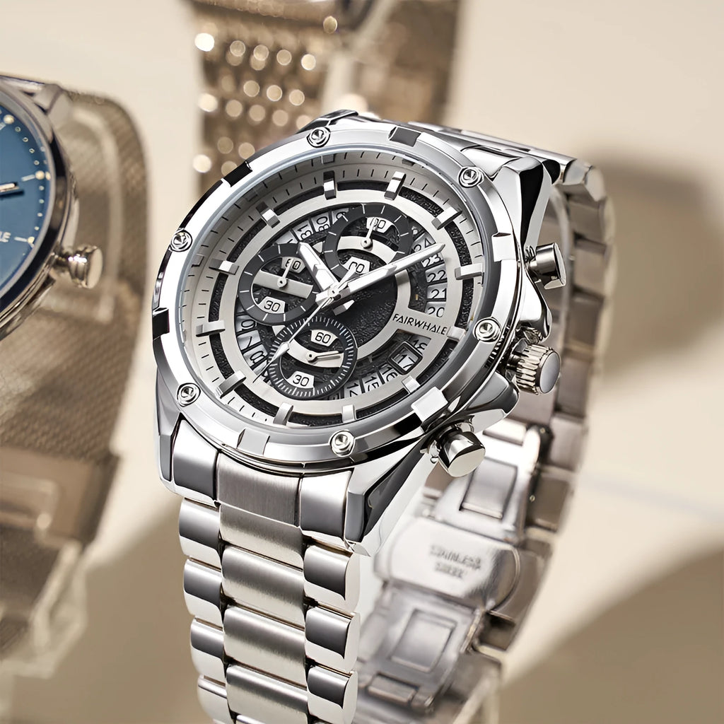 Men's waterproof luminous casual quartz watch on a steel belt strap, showing black blue and silver white colour options.