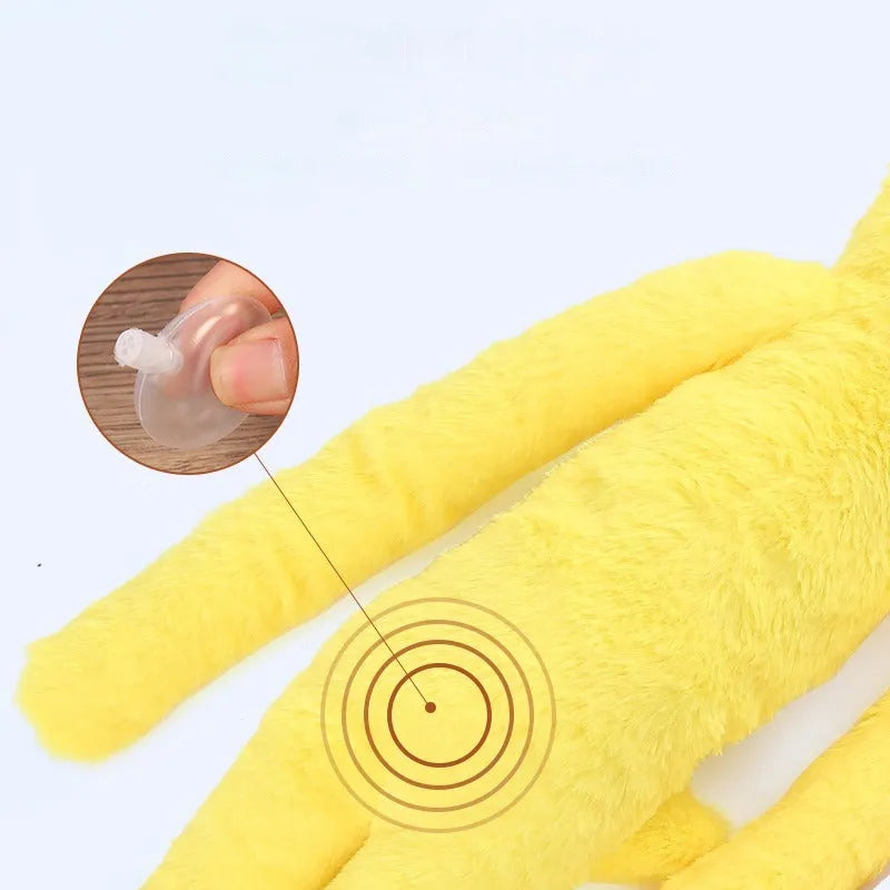 Large pink and yellow plush dog toy with squeaky rattle sounds for golden retrievers