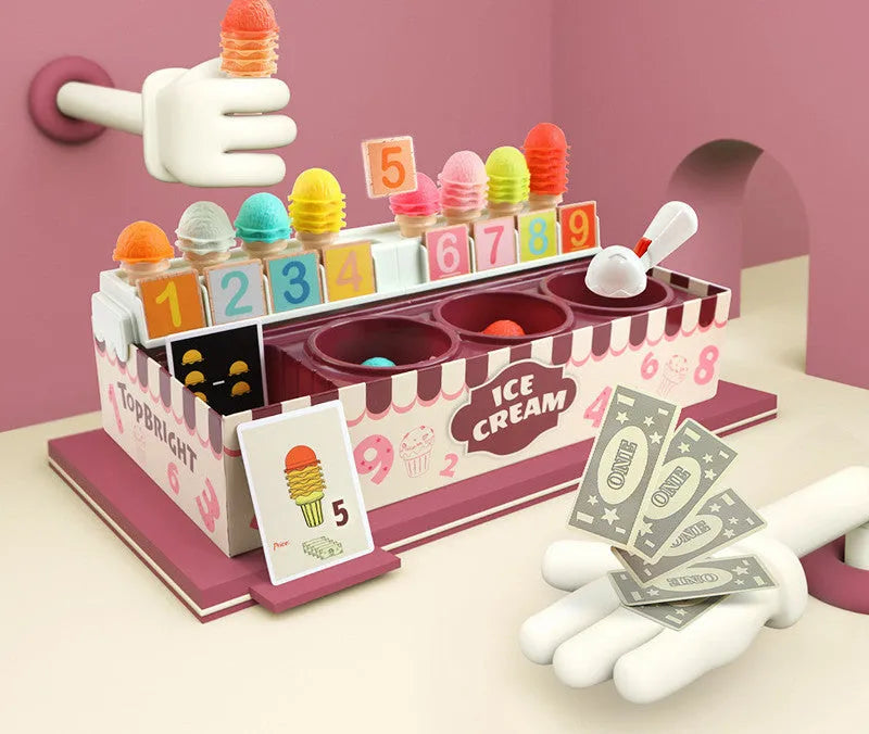 Kids ice cream math play set with colourful number sign, ice cream balls, and cards for role play