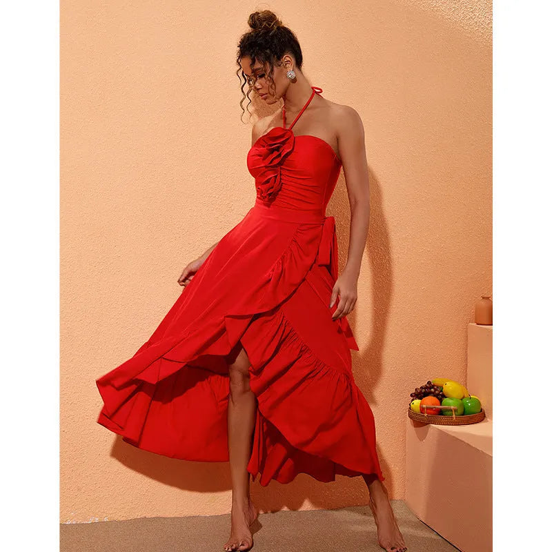 Red women's V-neck one-piece swimsuit with a detachable long skirt, showing open back design.