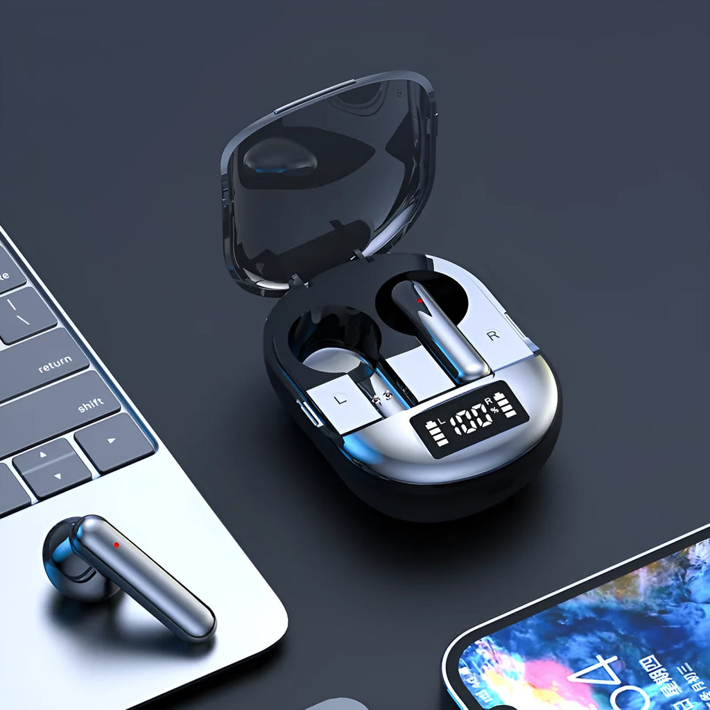 Black and white wireless Bluetooth in-ear headphones with charging case