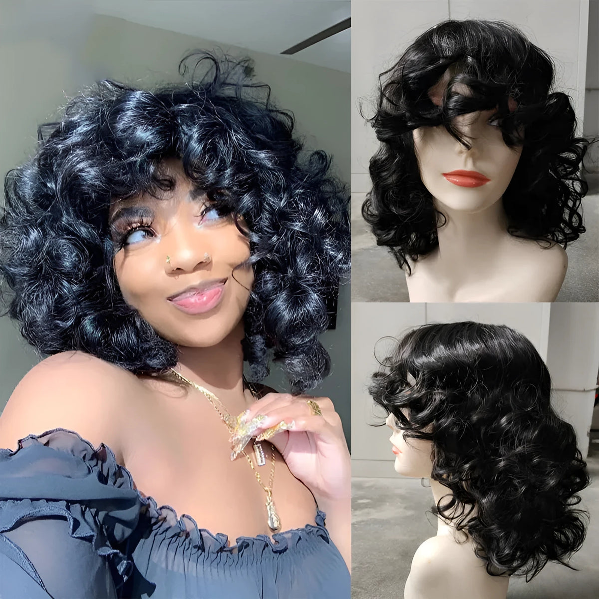 Black synthetic Afro wig with long curly heat-resistant fibres