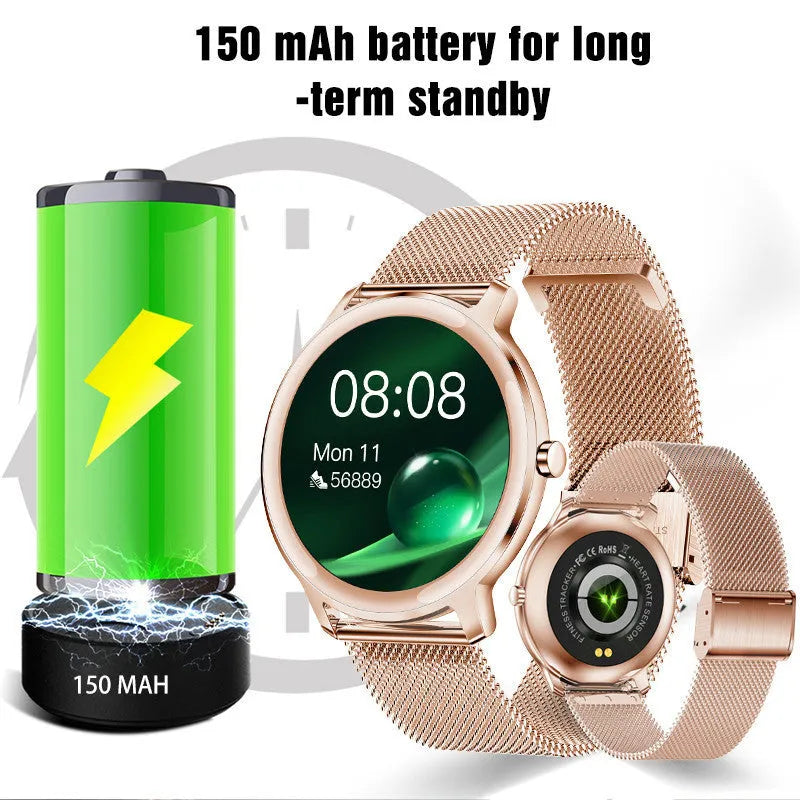 Women's stainless steel smart watch with 1.3-inch touch screen displayed in rose and silver colour variations