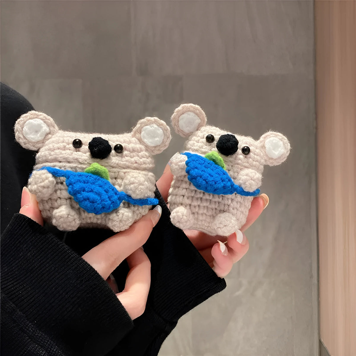 Hand knitted koala bear backpack design AirPods protective sleeve for wireless earbud charging case