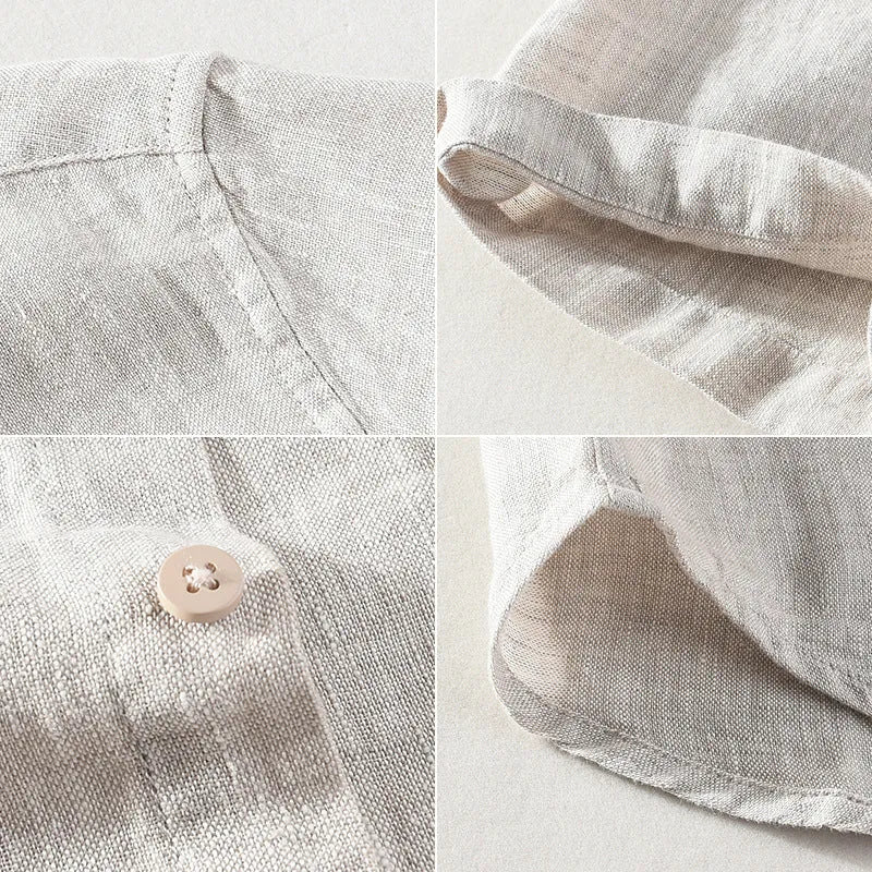Male model wearing a short sleeve linen shirt with a square collar in raw jute colour.