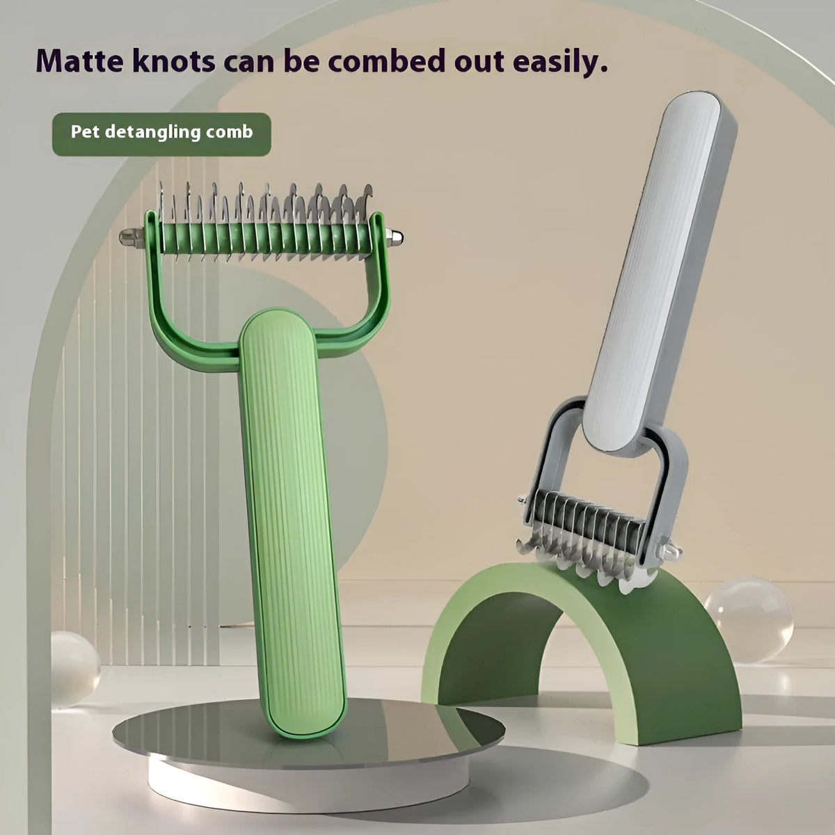 Green dog grooming comb with stainless steel teeth for removing knots from pet hair