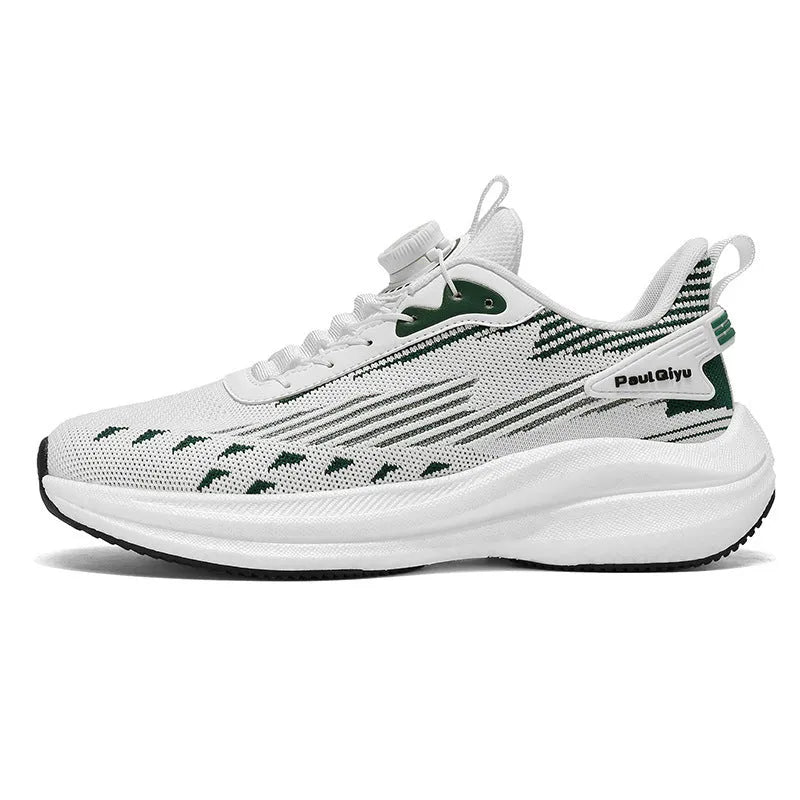 Men's white and green running shoes with rotating buckle and mesh upper on a flat TPU sole.