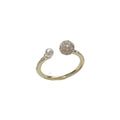 Open-end women's ring with round zircon detailing and pearl elements in gold or silver plated finish