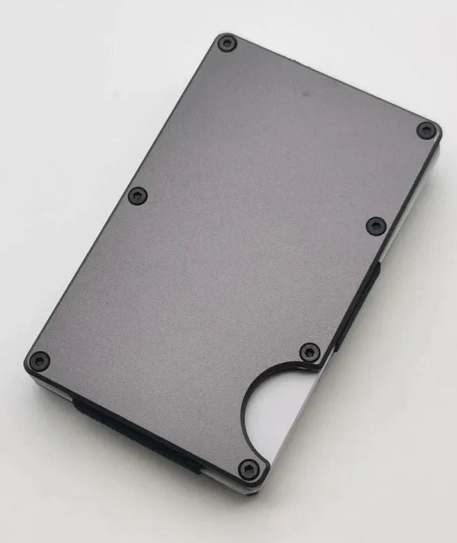 Aluminium grey carbon fibre credit card wallet with RFID protection holding multiple cards