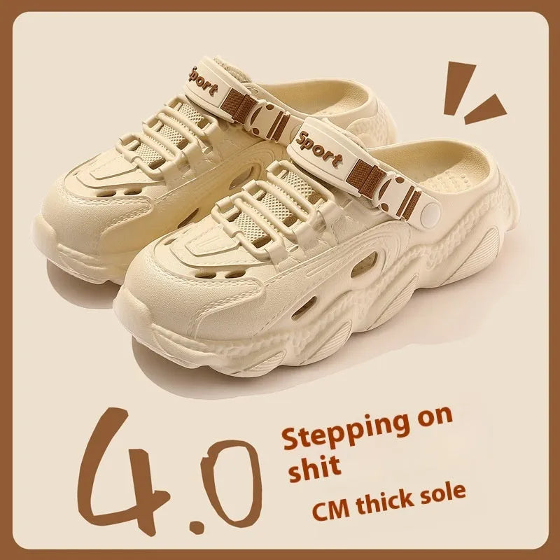 Men's khaki and black outdoor slippers with hollow-out patterned EVA soles for breathability.