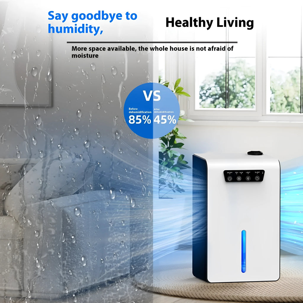 Milky white compact household dehumidifier for bedroom use with silent operation