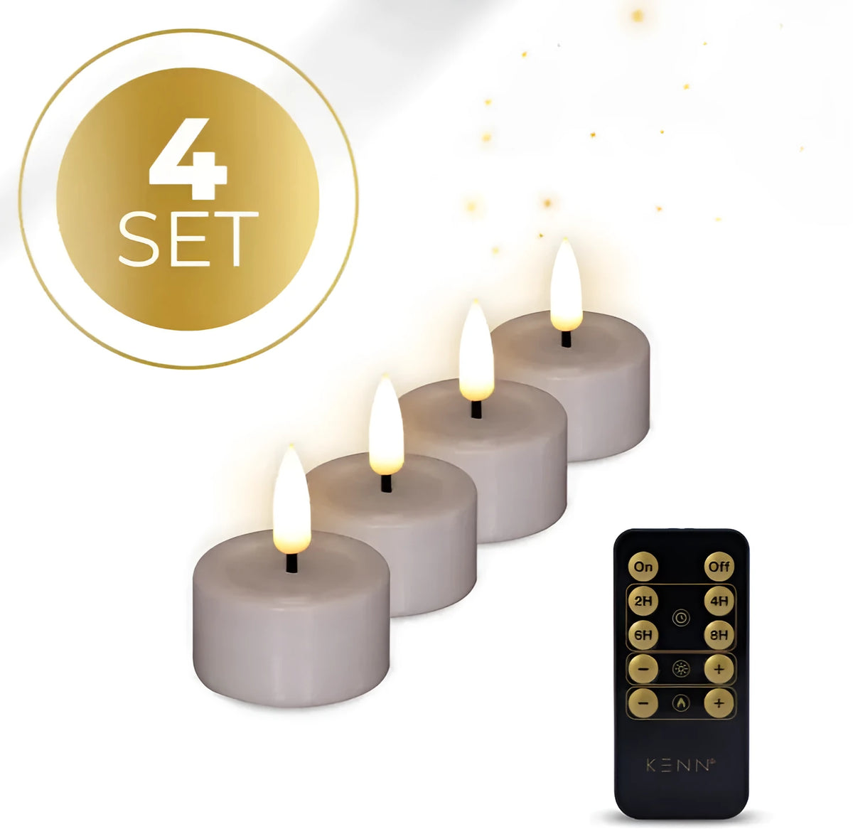 Four taupe coloured LED tealight candles with flickering LED flames