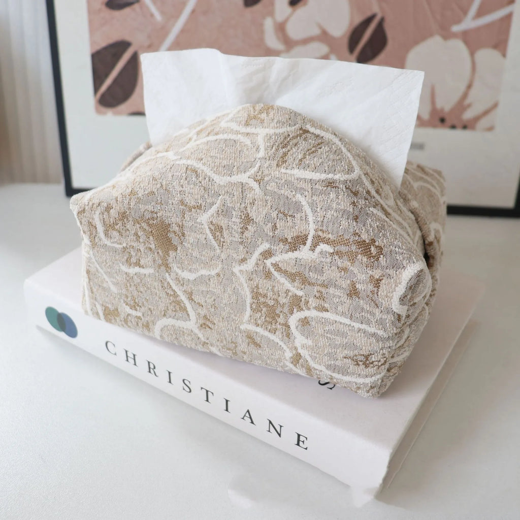 Chinese style floral cotton tissue box in beige, blue or brown measuring 17x11x7cm
