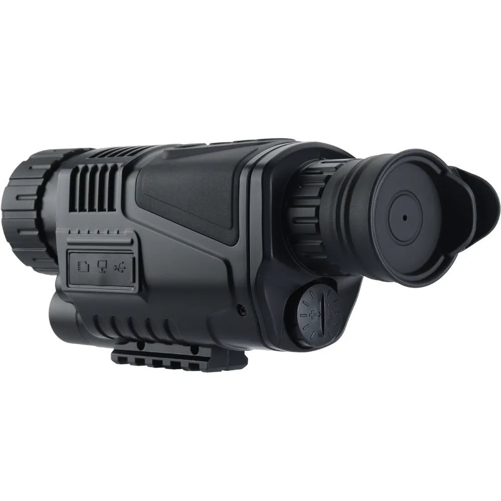 Black infrared digital night vision telescope with 40mm lens, storage bag, and cables for outdoor recording.