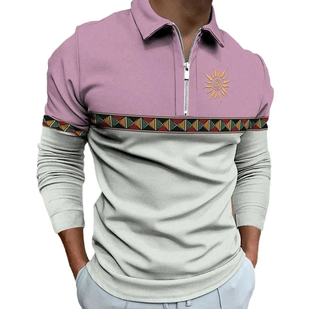 Man wearing a retro striped print long-sleeve t-shirt with zip decorations and a loose fit.