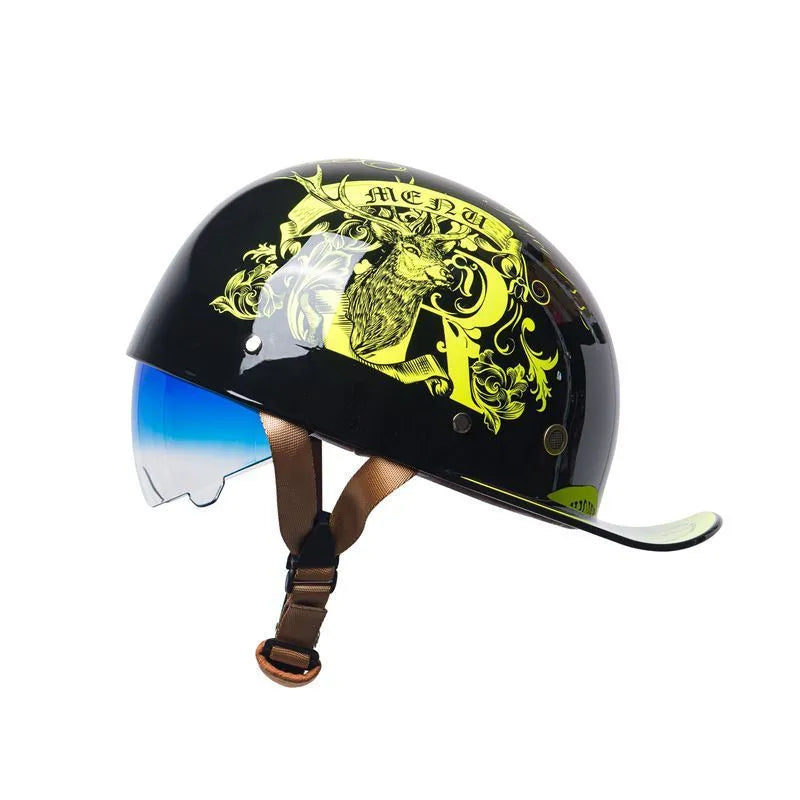 Men's retro electric bike half helmet in bright black gradient blue with matching lens.