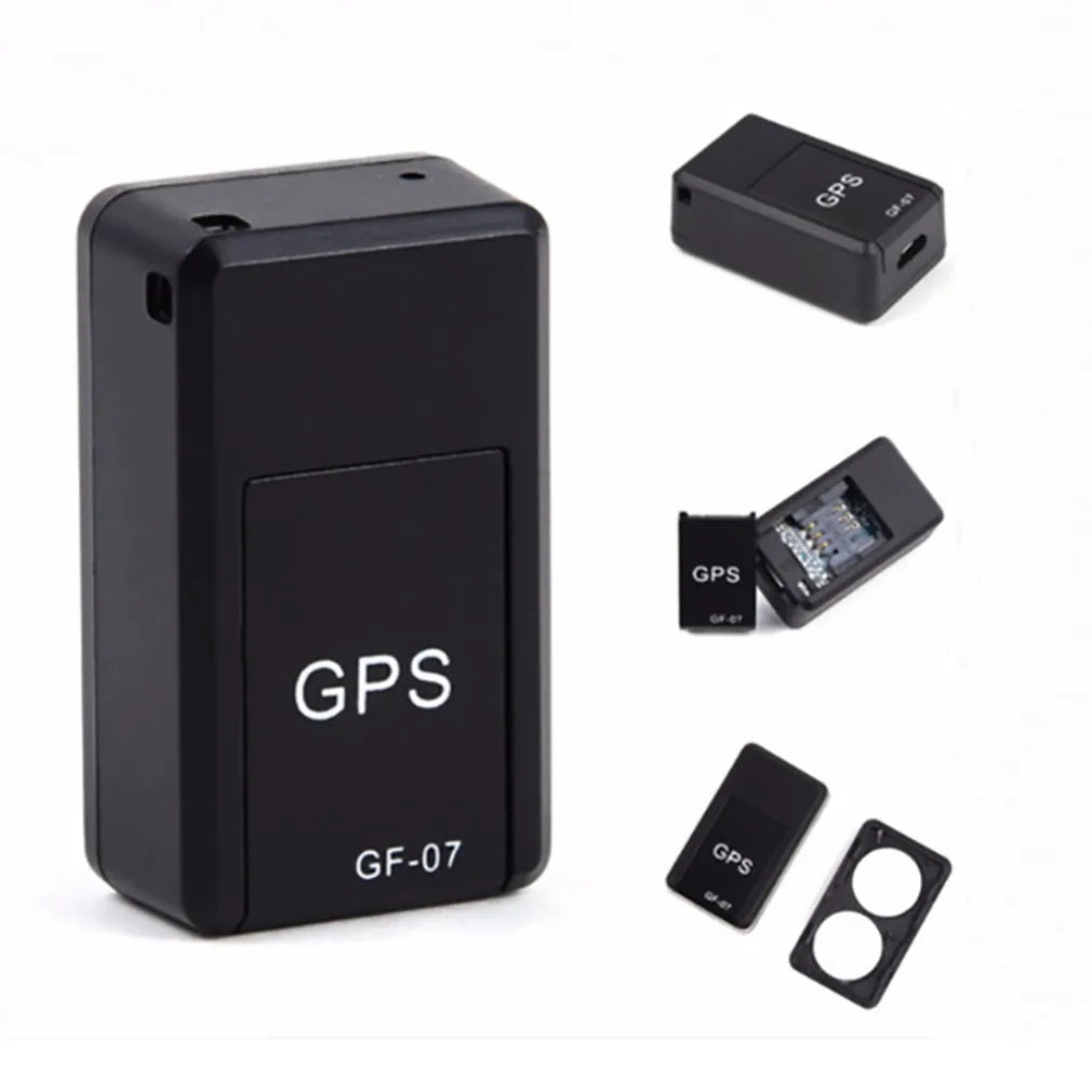 Black mini magnetic GPS car tracker device showing compact size and USB charging cable