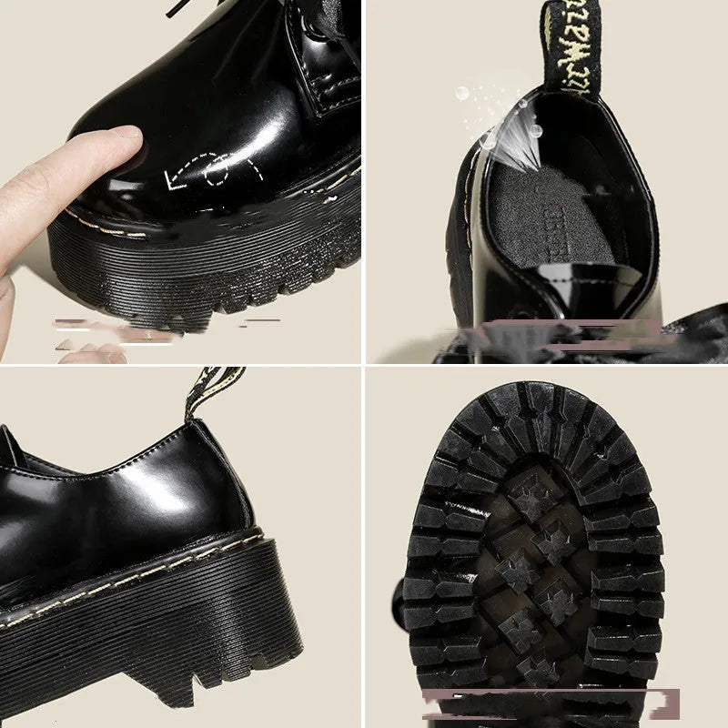 Black women's thick-soled leather lace-up shoes with a cross strap design on a white background.