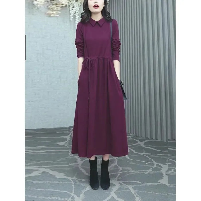 Purplish red women's plus size dress with extra long sleeves and urban style design for autumn winter