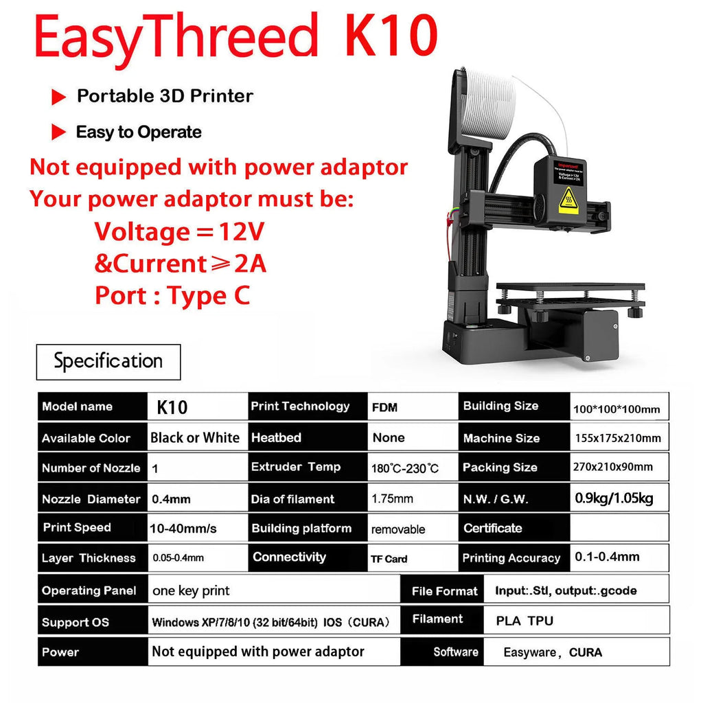 White EasyThreed K10 3D printer with 175mm print area for TPU and PLA filament