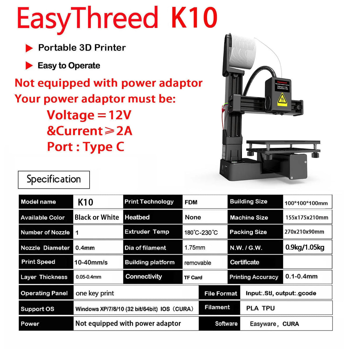 White EasyThreed K10 3D printer with 175mm print area for TPU and PLA filament