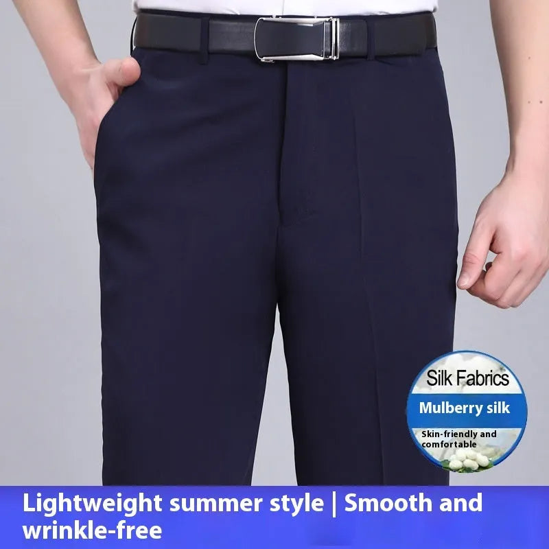 Men's straight-leg high-waist trousers in a mulberry silk blend fabric, shown in dark blue.