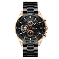 Men's casual quartz watch with calendar display on wrist, showing black belt and rose gold case colour option.
