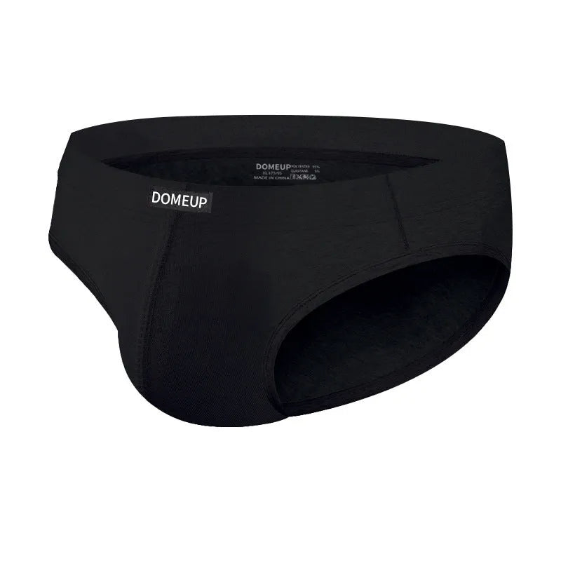Men's solid colour low-waist seamless briefs in white, black, and pink on a size chart