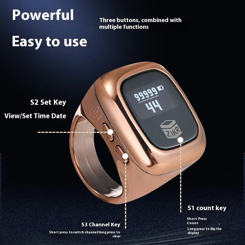 Electronic counter with digital display on a wristband, shown in multiple colour options.