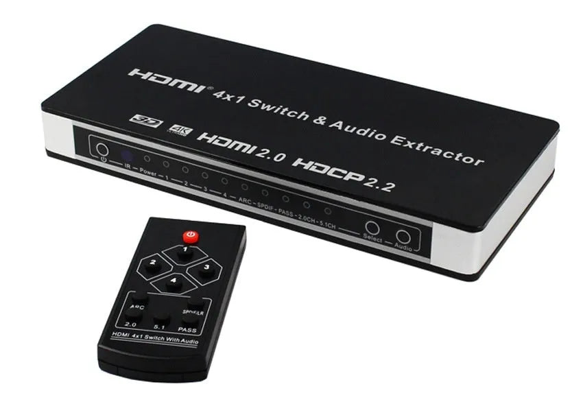 Black HDMI switch unit with remote control for four input, one output audio separation.