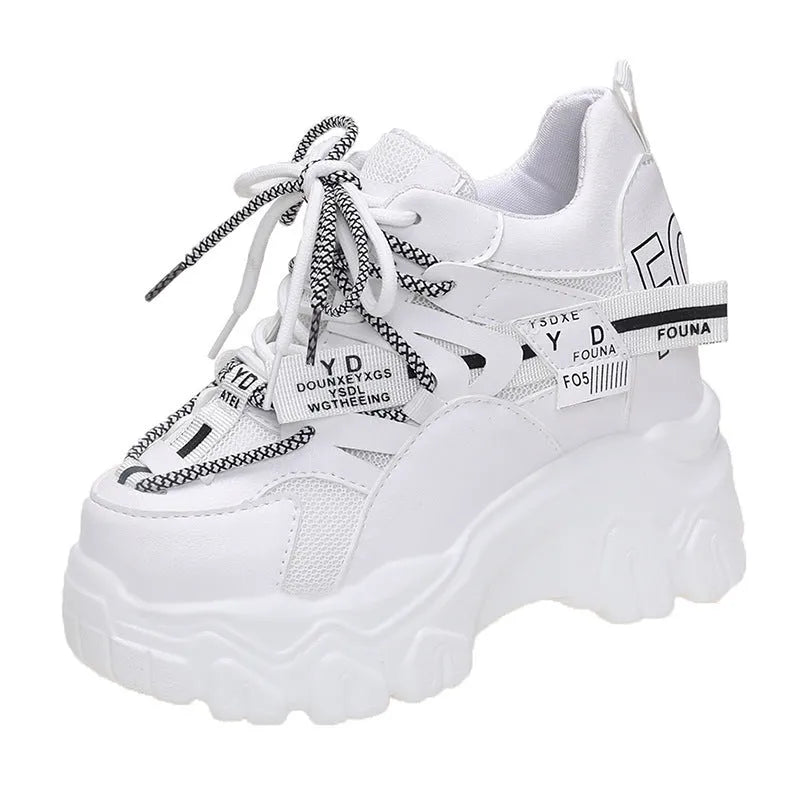 Women's white mesh platform sports shoes with a cross-strap design and rubber sole
