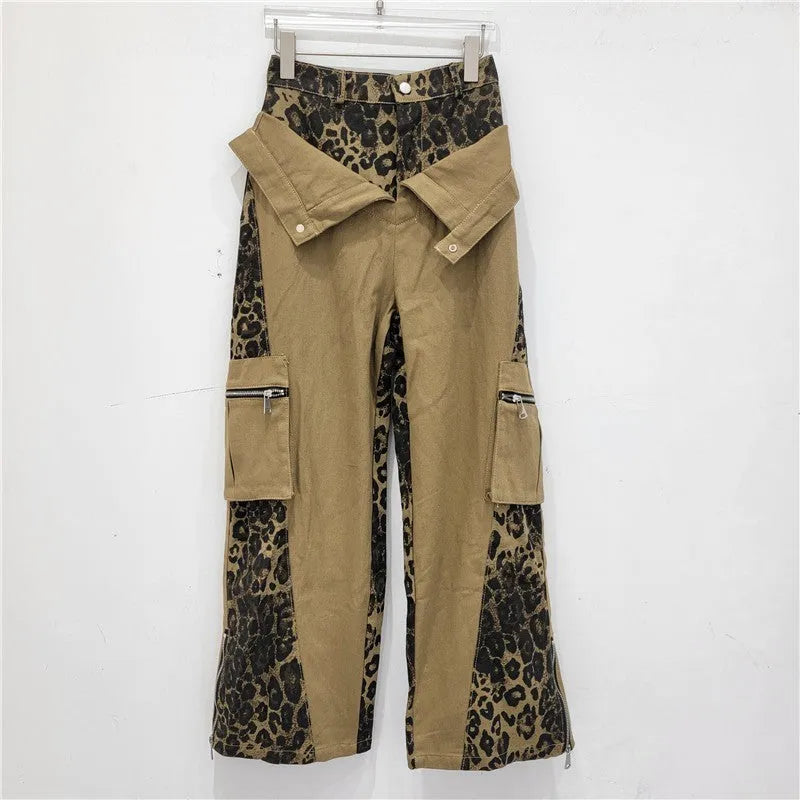 Dark khaki leopard print high-waist straight-leg jeans with tooling style stitching details