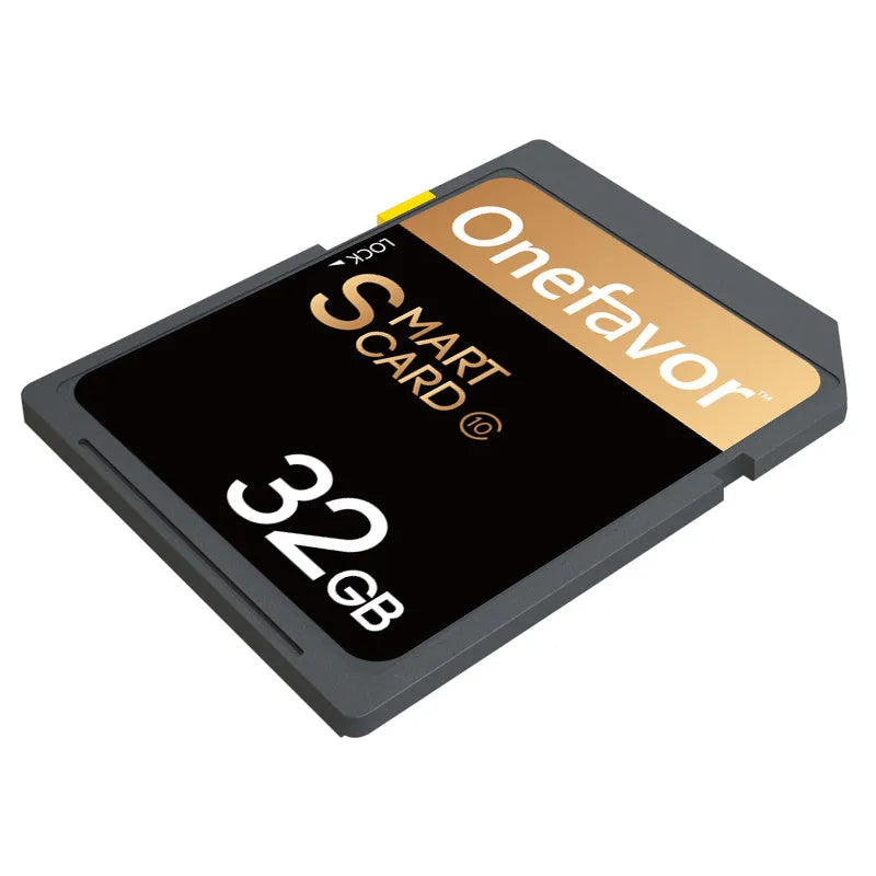 SD to PCMCIA adapter card with stainless steel housing for Mercedes-Benz cars next to a 32GB SDHC card