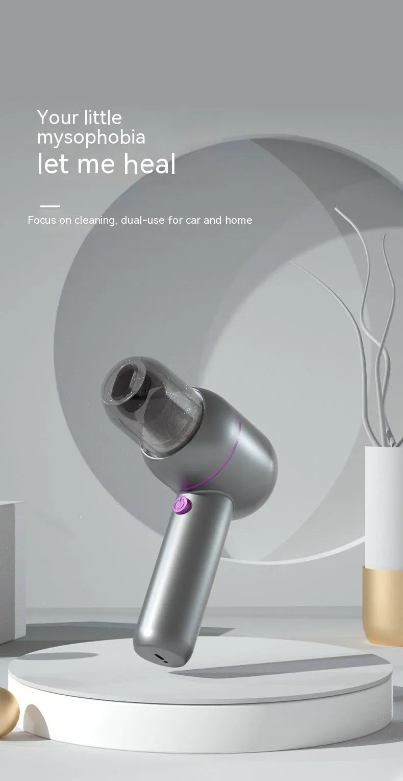 Gray handheld car vacuum cleaner with dust bin and multiple nozzles