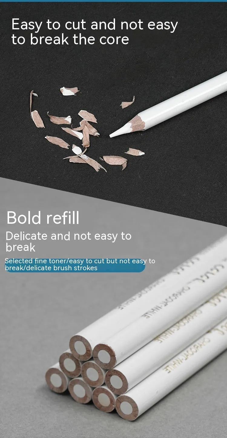 Three white charcoal pencils with wooden barrels for drawing on dark paper