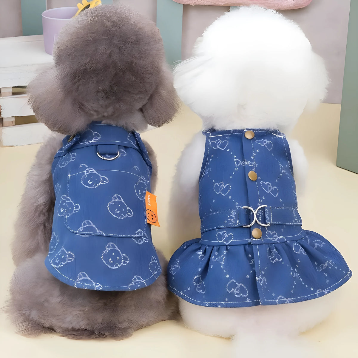 Small dog wearing denim princess dress with bracket-skirt style in classic denim colour