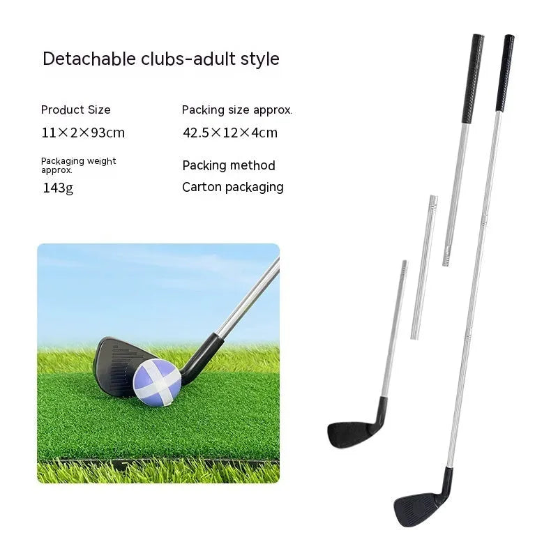 Metal golf practice club set showing adult and children's models for outdoor sports activities