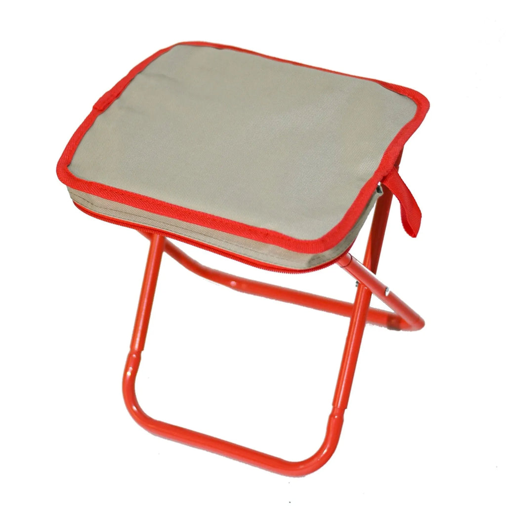 Foldable outdoor camp stool in Oxford cloth, shown in khaki colour, collapsed into its compact pencil box design.